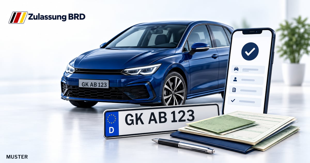Online Fahrzeugzulassung in Hückelhoven: Musterkennzeichen GK AB 123, Auto und Fahrzeugpapiere und Smartphone. Illustration mit Logo von Zulassung BRD.